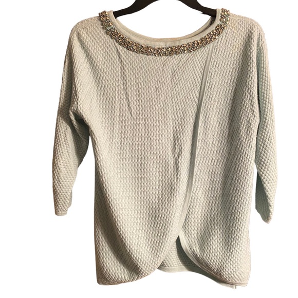 Hinge Nordstrom jeweled neckline waffled 3/4 sleeved split back knit sweater XS - Picture 6 of 11